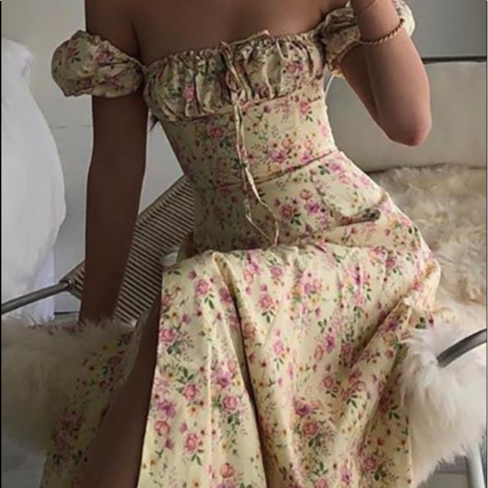 Floral Print Ruched Puff Sleeve Maxi Dress